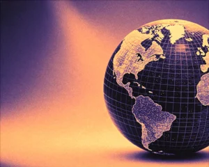 A digital globe with holographic geometric mesh texture and micro reflections.