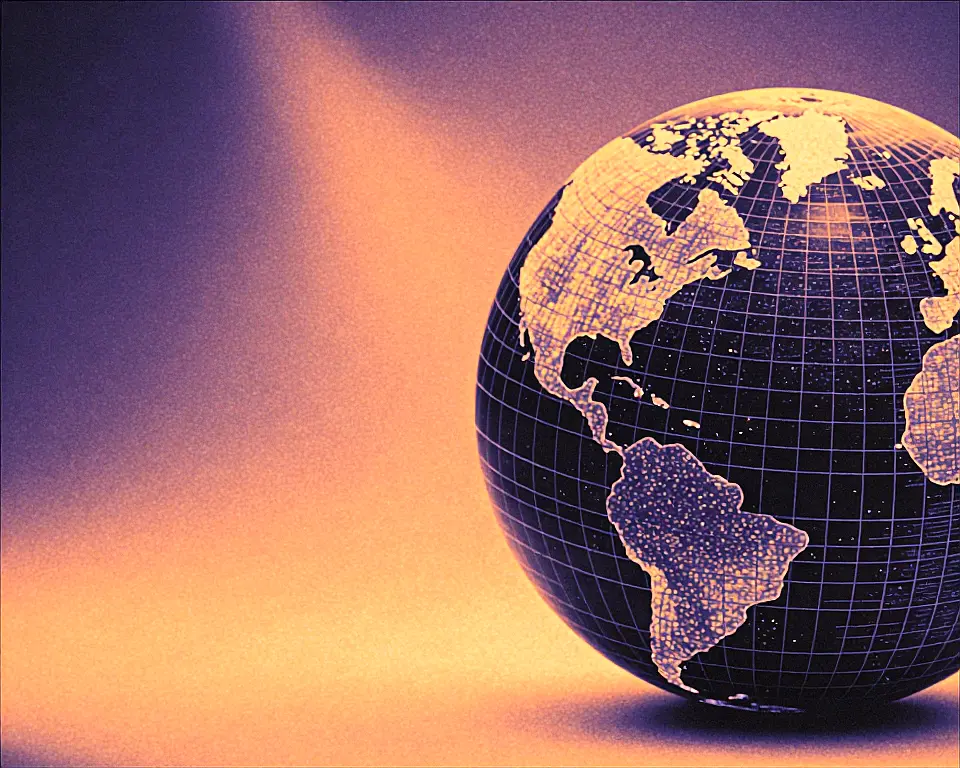 A digital globe with holographic geometric mesh texture and micro reflections.