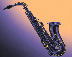 A glowing saxophone with brushed neon metal and placed to the right side of view.