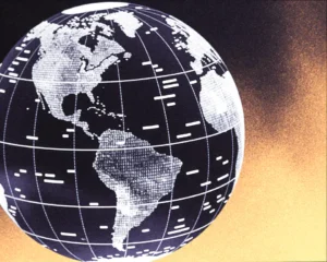 A holographic crystalline globe of a geometric data network and scattered micro pixels.