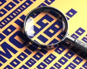 A large magnifying glass searching over garbled text.
