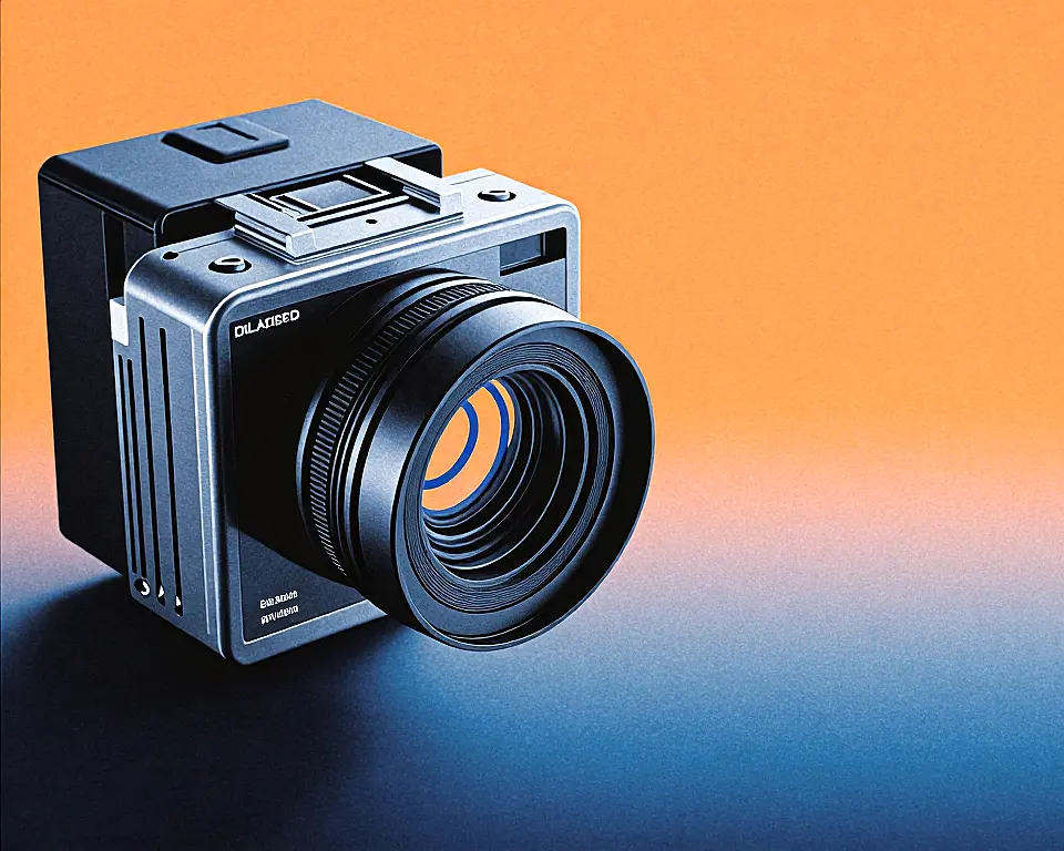 A modern digital film camera of dark brushed metallic texture and subtle holographic interfaces.