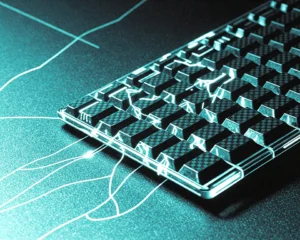 A sleek ergonomic keyboard interlaced with glowing neural pathways.