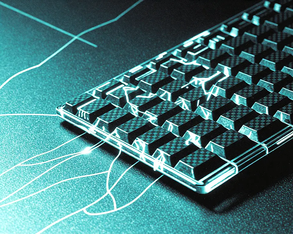 A sleek ergonomic keyboard interlaced with glowing neural pathways.