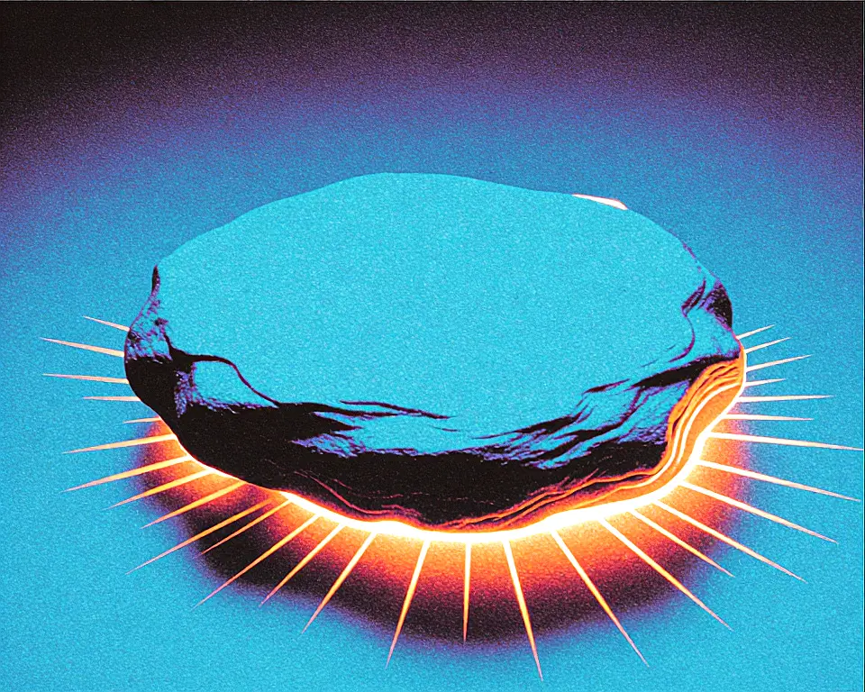 A smooth flat three dimensional rock with intense volumetric lighting underneath.
