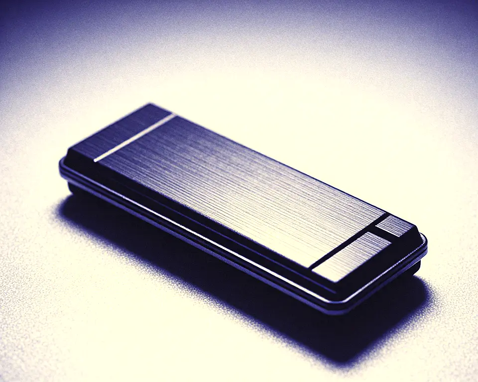 Compact flash drive of polished metallic brushed texture illuminated by soft ambient glow.