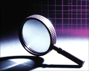 Digital graphic design work of a magnifying glass consisting of liquid metal digital wireframe.