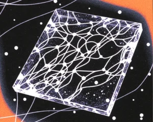 Floating glowing trajectory map consists of iridescent glass texture.
