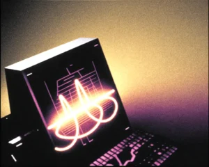 Futuristic sound wave synthesizer emits glowing energy rings that pulse outward.