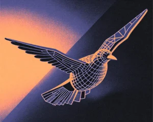 Large mechanical bird constructed from a complex liquid metal digital wireframe design style.