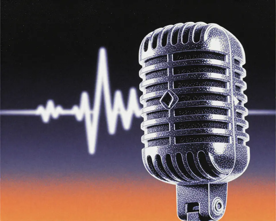 Vintage broadcasting microphone made up of a frosted glass and glowing fiber optic material.