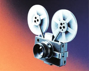 Vintage movie camera which exhibits a smooth matte finish emphasizing the sharp edges.